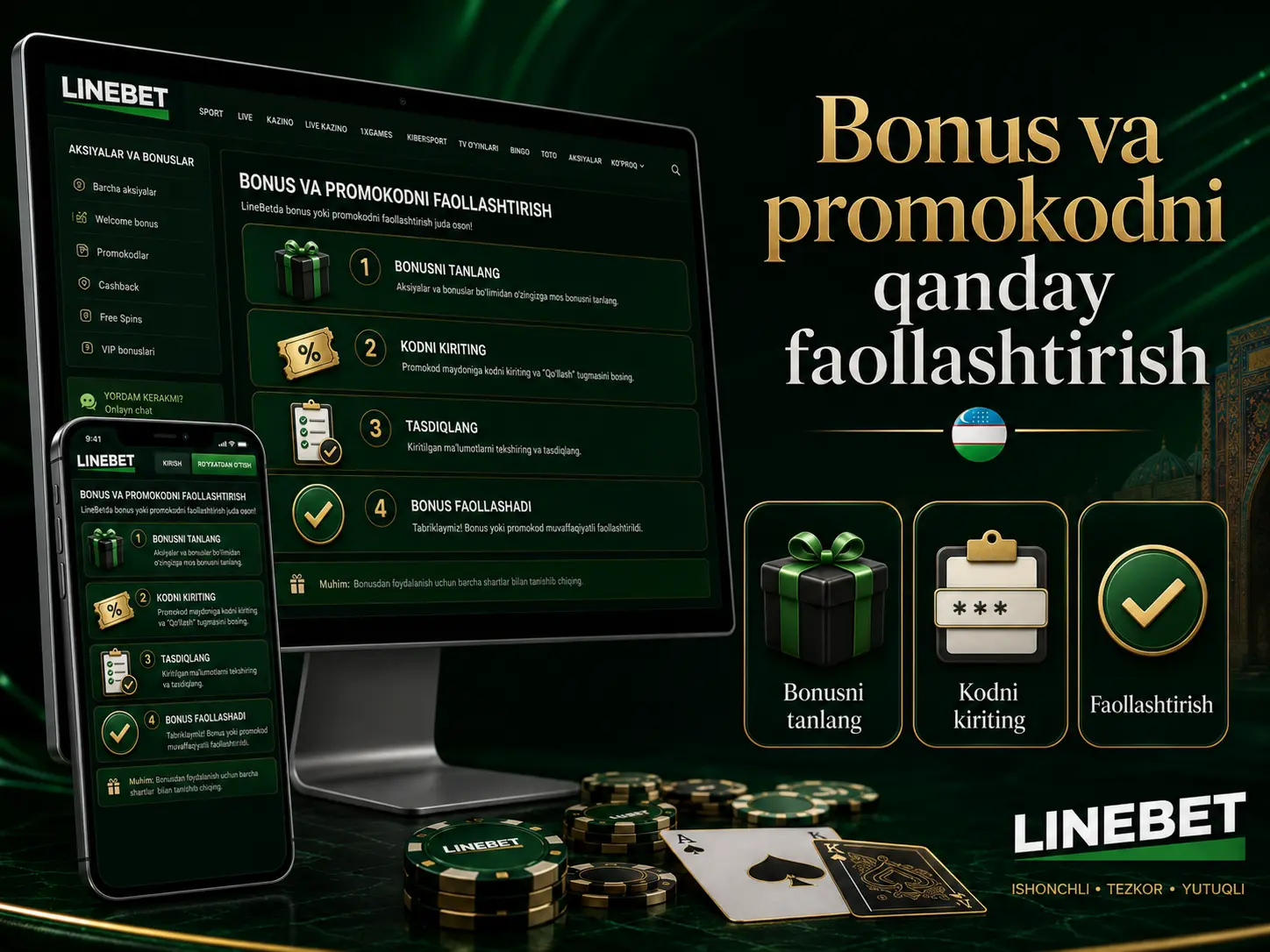 Bonus va promokodni qanday faollashtirish